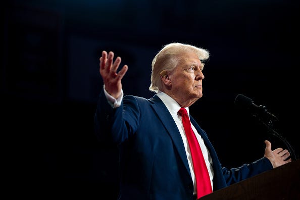 U.S. Republican Presidential nominee former President Donald Trump arrives at his campaign rally at the Bojangles Coliseum on July 24, 2024 in Charlotte, North Carolina. 