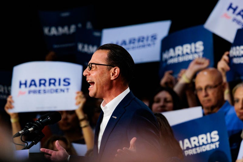 JULY 29: Pennsylvania Governor Josh Shapiro speaks during a campaign rally for Vice President Kamala Harris on July 29, 2024 in Ambler, Pennsylvania.