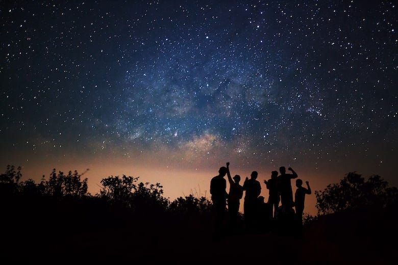 Silhouette of people stargazing at night
