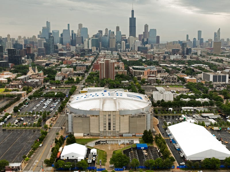 This aerial view shows the United Center and the skyline in Chicago on Aug. 1, 2024. Chicago will host the 2024 Democratic National Convention from Aug. 19-22.