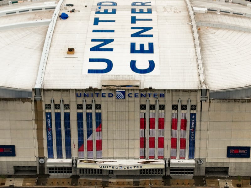 This aerial view shows the United Center on Aug. 1. Chicago will host the 2024 Democratic National Convention at the United Center from Aug. 19 – 22.