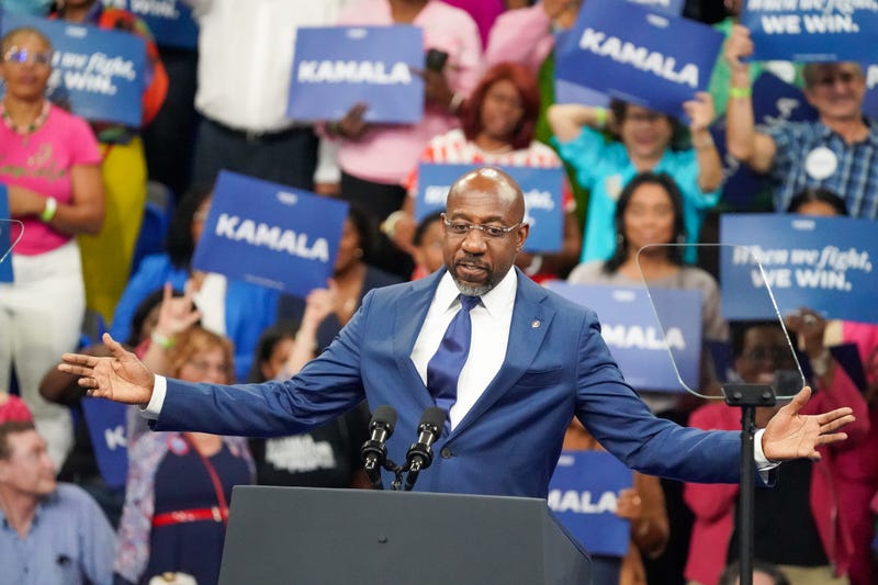 Sen. Raphael Warnock (D-Ga.) speaks onstage at a campaign rally for Democratic presidential candidate, U.S. Vice President Kamala Harris at the Georgia State Convocation Center on July 30, 2024, in Atlanta.