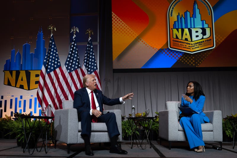 Republican presidential candidate former President Donald Trump speaks with Rachel Scott, senior congressional correspondent for ABC News during a question and answer session at the National Association of Black Journalists convention at the Hilton Hotel on July 31, 2024, in Chicago. Trump also fielded questions from Harris Faulkner, anchor of the Faulkner Focus on Fox News and Kadia Goba, politics reporter at Semafor during the event.