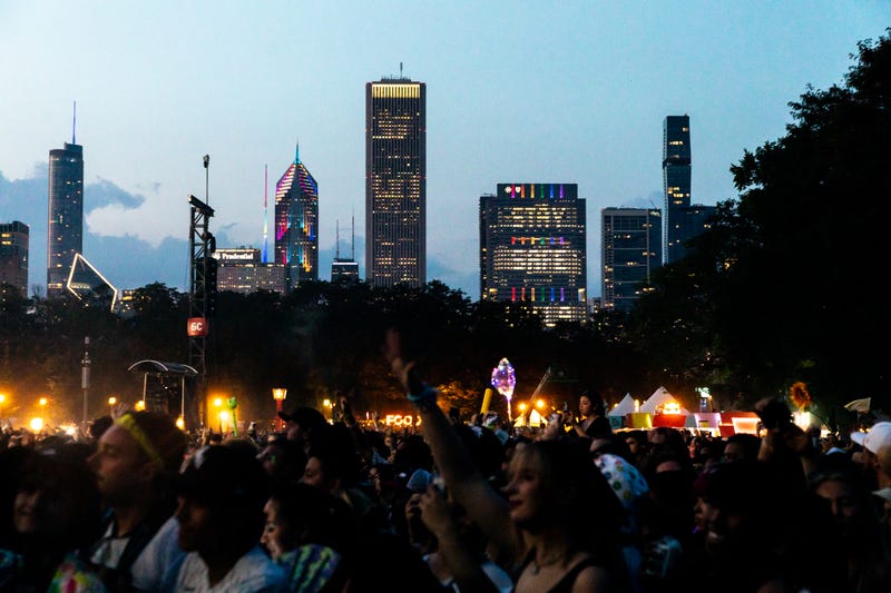 The Chicago skyscape is seen over the Lollapalooza crowds at Grant Park on Aug. 3, 2024.