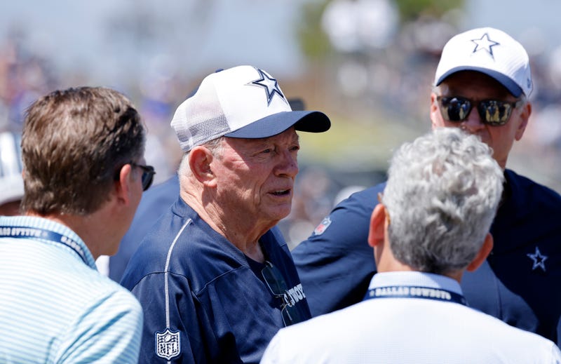 OXNARD, CALIFORNIA - AUGUST 8: Owner Jerry Jones of the Dallas Cowboys attends a joint practice with the Los Angeles Rams at training camp on August 8, 2024 in Oxnard, California. (Photo by Kevork Djansezian/Getty Images)