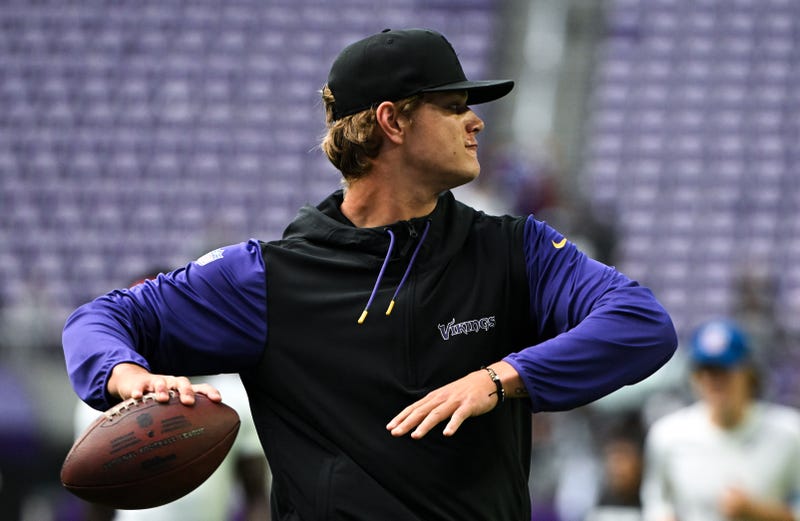 J.J. McCarthy #9 of the Minnesota Vikings warms up before the preseason game against the Las Vegas Raiders at U.S. Bank Stadium on August 10, 2024 in Minneapolis, Minnesota.