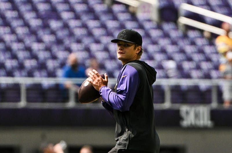 J.J. McCarthy #9 of the Minnesota Vikings warms up before the preseason game against the Las Vegas Raiders at U.S. Bank Stadium on August 10, 2024 in Minneapolis, Minnesota. 