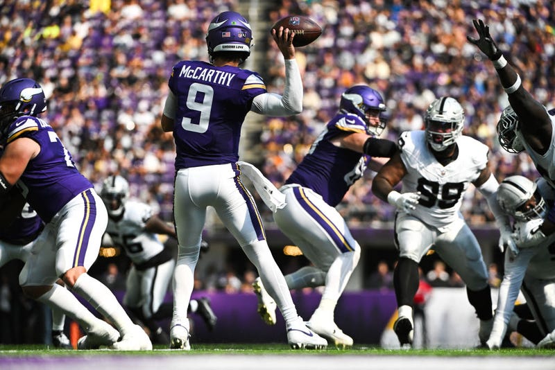 J.J. McCarthy #9 of the Minnesota Vikings passes the ball in the second quarter of the preseason game against the Las Vegas Raiders at U.S. Bank Stadium on August 10, 2024 in Minneapolis, Minnesota.