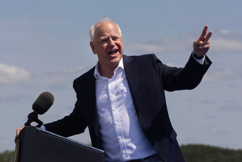 Democratic vice presidential candidate, Minnesota Gov. Tim Walz speaks at a campaign rally where he appeared with his running mate Vice President Kamala Harris on August 7, 2024 in Eau Claire, Wisconsin. 