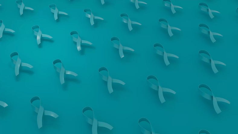 Cervical and Ovarian Cancer Background containing voluminous turquoise ribbons