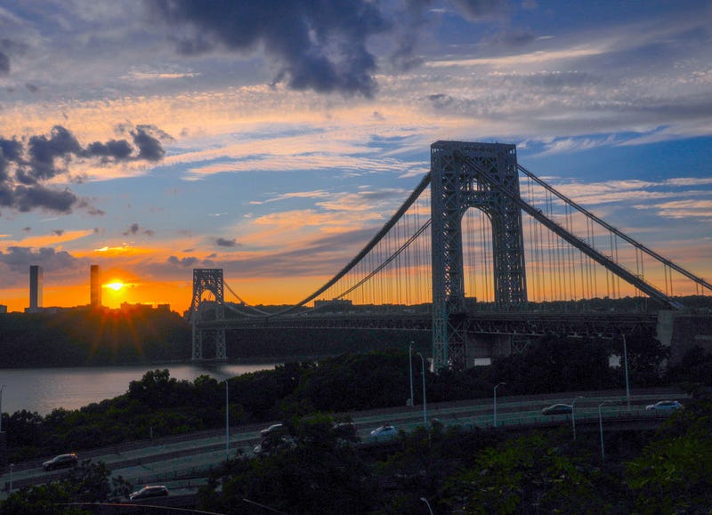 The George Washington Bridge at sunset is seen from Washington Heights, Manhattan on Aug.10, 2024.
