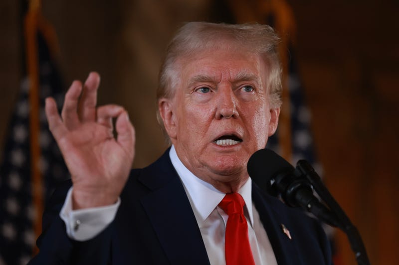 Republican presidential candidate former President Donald Trump speaks during a press conference at Mr. Trump's Mar-a-Lago estate on August 08, 2024, in Palm Beach, Florida.