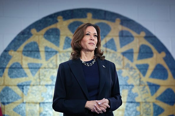 Democratic presidential candidate U.S. Vice President Kamala Harris waits to speak at a campaign rally at United Auto Workers Local 900 on August 8, 2024 in Wayne, Michigan.
