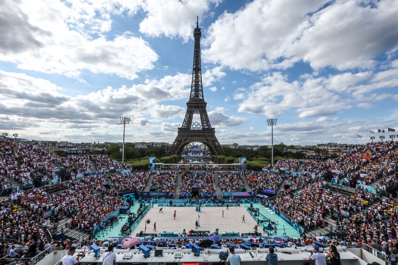 The Eiffel Tower is appearing from the beach volleyball Centre Court in Paris, France, on Aug. 9, 2024.