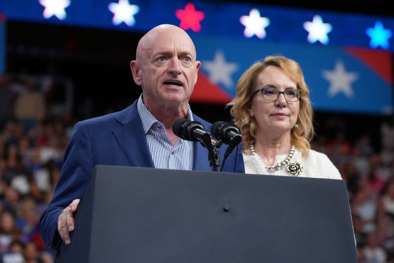 Sen. Mark Kelly (D-AZ) and his wife former Rep. Gabby Giffords speak during a campaign rally for Democratic presidential candidate, U.S. Vice President Kamala Harris and Democratic vice presidential candidate Minnesota Governor Tim Walz at Desert Diamond Arena on August 9, 2024 in Glendale, Arizona