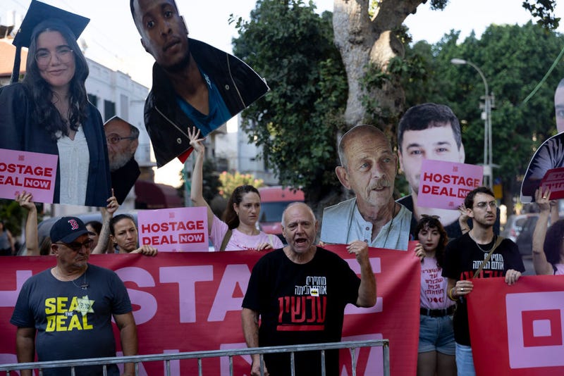 Families of hostages, held in the Gaza Strip since they were taken during Hamas' Oct. 7, 2023, attack on Israel, and their supporters hold a demonstration calling for a hostage deal on Aug. 15 in Tel Aviv, Israel.