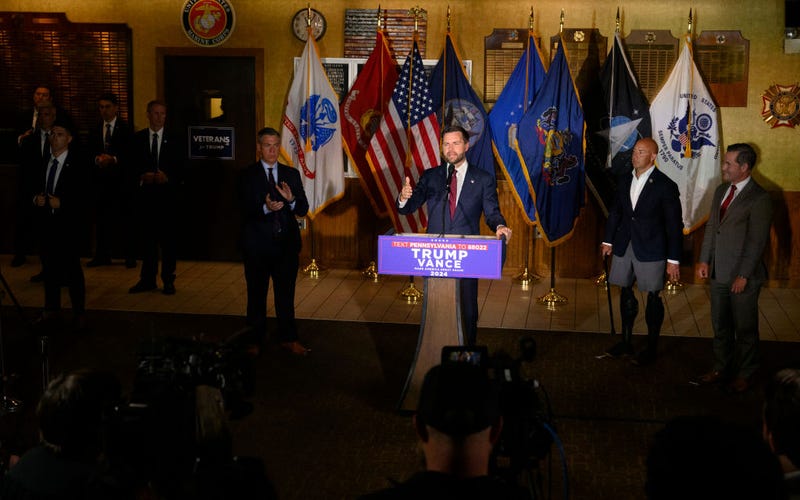  Republican Vice Presidential candidate Sen. JD Vance (R-OH) speaks at a campaign rally at VFW Post 92 on August 15, 2024 in New Kensington, Pennsylvania. 