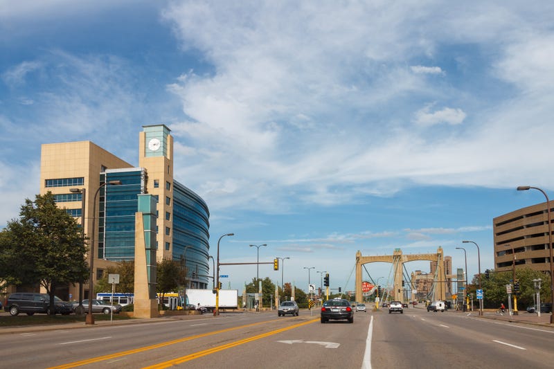 Federal Reserve Bank of Minneapolis and Hennepin Avenue Bridge in Minnesota, United States where a teenager was shot Monday night.