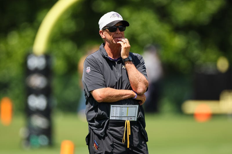 Offensive Coordinator Todd Monken of the Baltimore Ravens looks on during training camp at Under Armour Performance Center Baltimore Ravens on August 12, 2024 in Owings Mills, Maryland.