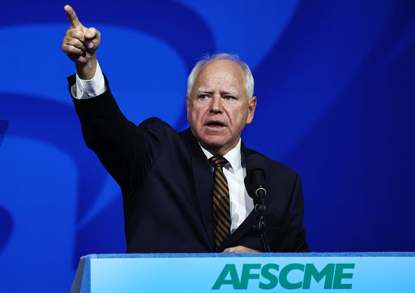 Democratic vice presidential candidate Minnesota Governor Tim Walz speaks at the 46th International Convention of the American Federation of State, County and Municipal Employees (AFSCME) at the Los Angeles Convention Center on August 13, 2024 in Los Angeles, California. 