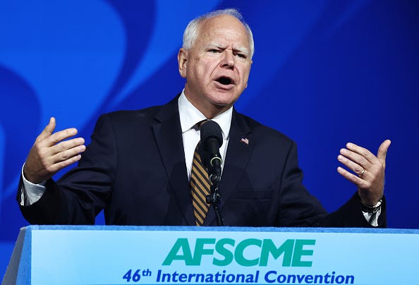 Democratic vice presidential candidate Minnesota Governor Tim Walz speaks at the 46th International Convention of the American Federation of State, County and Municipal Employees (AFSCME) at the Los Angeles Convention Center on August 13, 2024 in Los Angeles, California. 