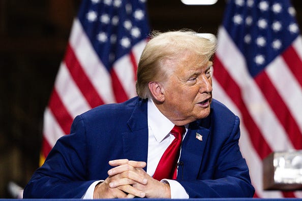 Republican Presidential nominee, former president Donald J. Trump remarks during a campaign event at Precision Custom Components on August 19, 2024 in York, Pennsylvania.