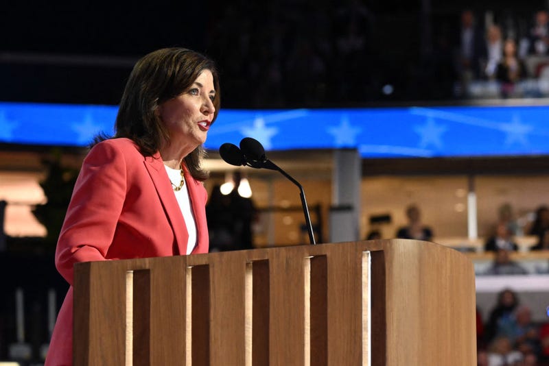 Gov. Kathy Hochul speaks on the first day of the Democratic National Convention at the United Center in Chicago, Illinois, on Aug. 19, 2024.