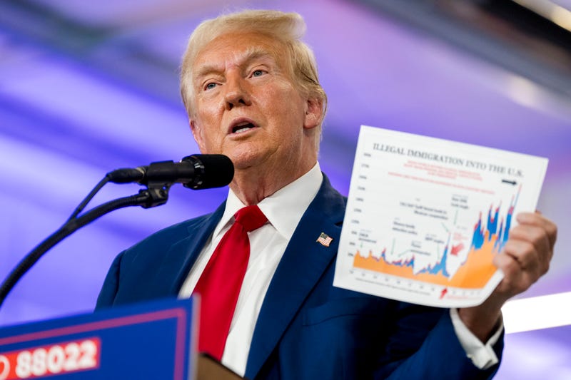 Republican presidential candidate, former U.S. President Donald Trump speaks while holding a document about illegal immigration during a visit to the Livingston County Sheriff's Office on August 20, 2024 in Howell, Michigan. 