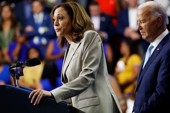 U.S. Vice President Kamala Harris gives remarks alongside U.S. President Joe Biden at Prince George’s Community College on August 15, 2024 in Largo, Maryland.