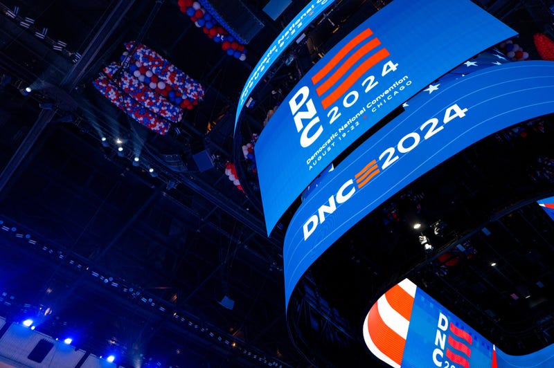 A scoreboard displays "DNC 2024" ahead of the Democratic National Convention at the United Center in Chicago.