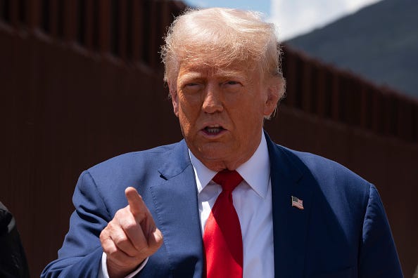 U.S. Republican Presidential Candidate and former President Donald Trump speaks at the U.S.-Mexico border on August 22, 2024 south of Sierra Vista, Arizona.