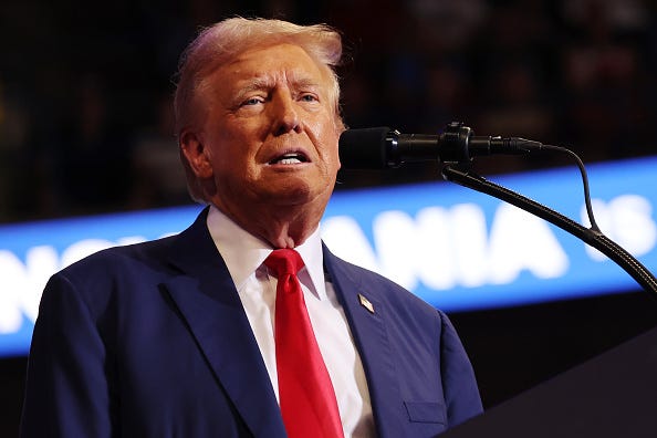 Republican Presidential Candidate former U.S. President Donald Trump speaks during a campaign rally at Mohegan Sun Arena at Casey Plaza on August 17, 2024 in Wilkes Barre, Pennsylvania.
