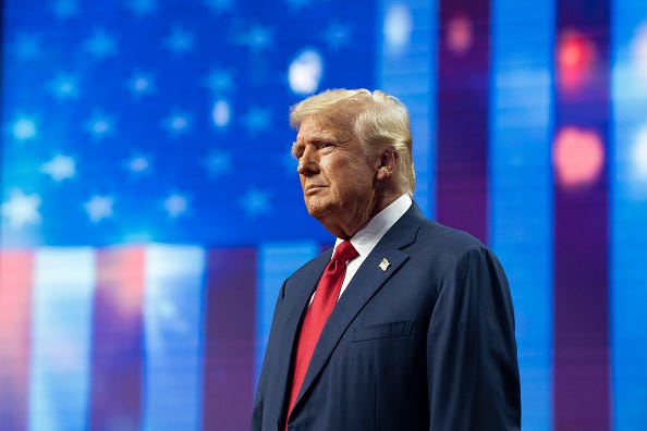 Republican presidential nominee, former U.S. President Donald Trump takes the stage during a campaign rally at Desert Diamond Arena on August 23, 2024 in Glendale, Arizona.