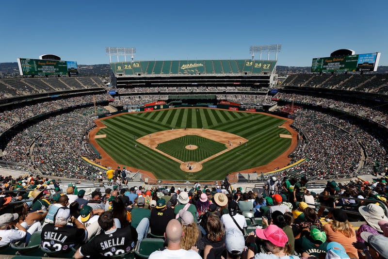 A general view of play between the Oakland Athletics and the San Francisco Giants at Oakland Coliseum on August 18, 2024 in Oakland, California.