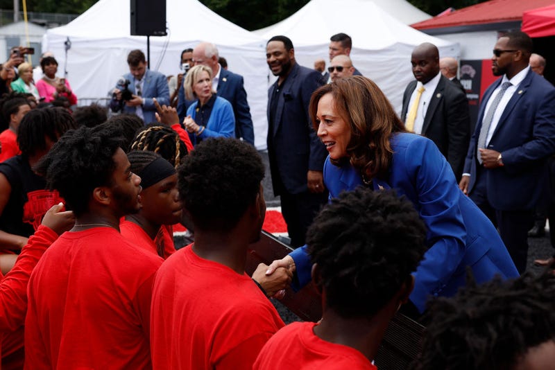 Democratic presidential candidate, U.S. Vice President Kamala Harris greets players on the Aliquippa High School’s football team on August 18, 2024 in Aliquippa, Pennsylvania.