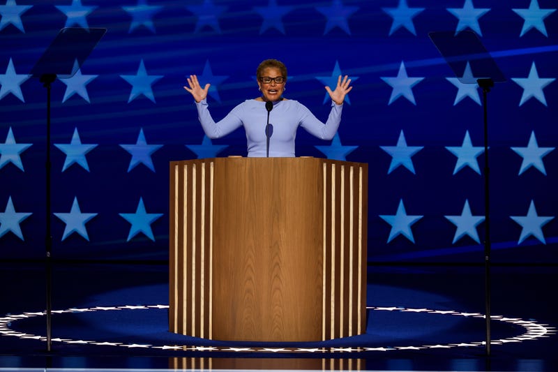 CHICAGO, ILLINOIS - AUGUST 19: Mayor of Los Angeles Karen Bass speaks onstage during the first day of the Democratic National Convention at the United Center on August 19, 2024 in Chicago, Illinois. Delegates, politicians, and Democratic party supporters are in Chicago for the convention, concluding with current Vice President Kamala Harris accepting her party's presidential nomination. The DNC takes place from August 19-22.