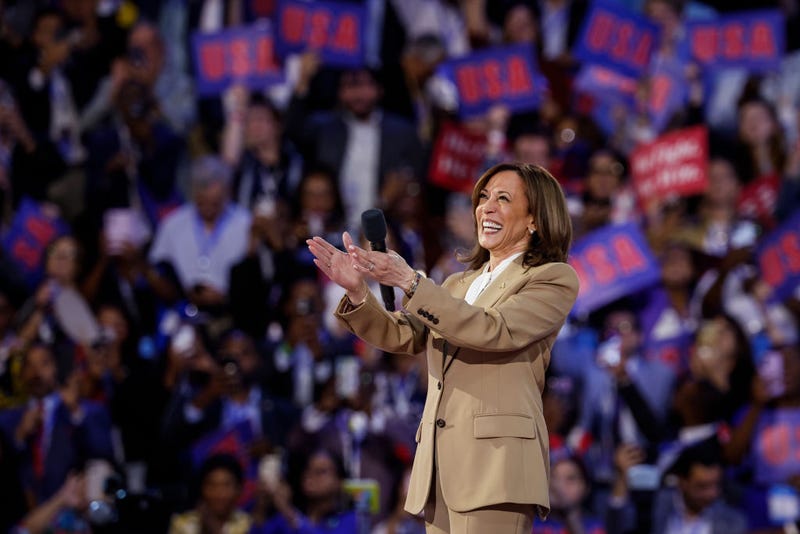 Democratic presidential candidate, U.S. Vice President Kamala Harris speaks onstage during the first day of the Democratic National Convention at the United Center on August 19, 2024 in Chicago, Illinois.