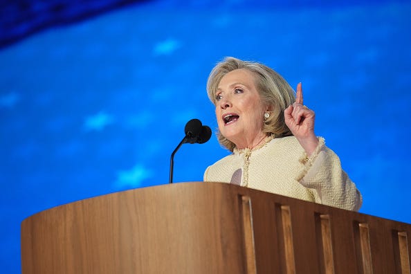 Former U.S. Secretary of State Hillary Clinton speaks onstage during the first day of the Democratic National Convention at the United Center on August 19, 2024 in Chicago, Illinois.