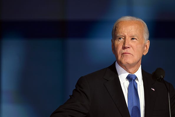 U.S. President Joe Biden speaks onstage during the first day of the Democratic National Convention at the United Center on August 19, 2024 in Chicago, Illinois. 