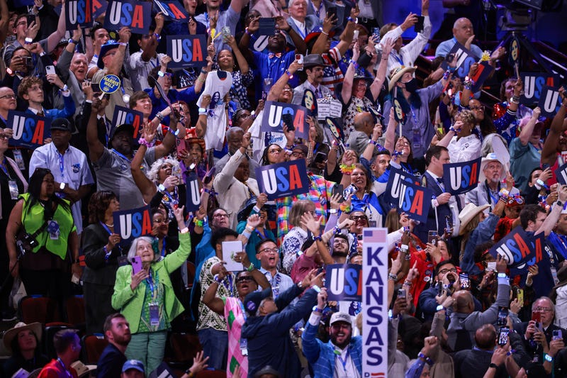 Members of the Texas delegation cast their votes during the Ceremonial Roll Call of States on the second day of the Democratic National Convention at the United Center on Aug. 20, 2024, in Chicago, Illinois.