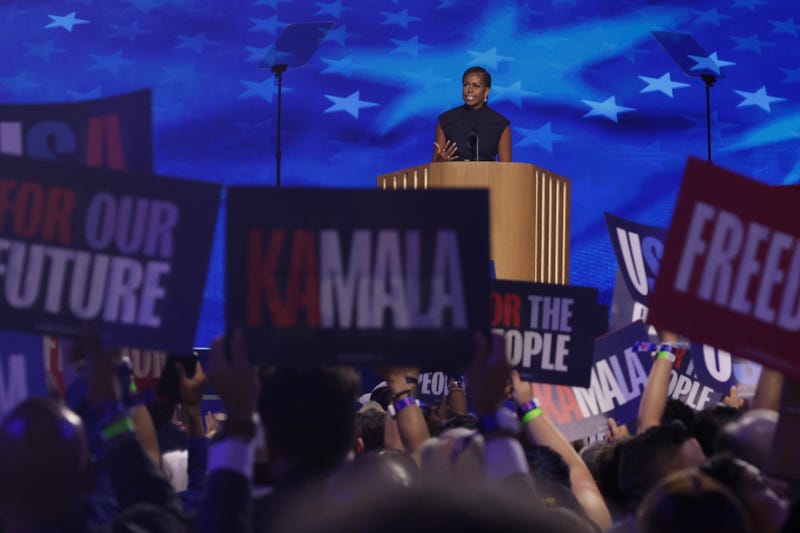 Former first lady Michelle Obama speaks on stage during the second day of the Democratic National Convention at the United Center on August 20, 2024 in Chicago, Illinois.