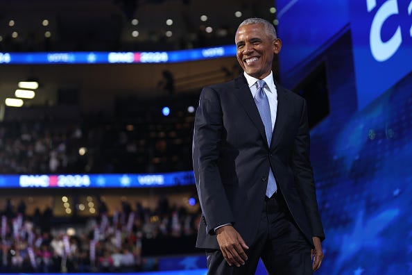 Former U.S. President Barack Obama departs after speaking on stage during the second day of the Democratic National Convention at the United Center on August 20, 2024 in Chicago, Illinois.