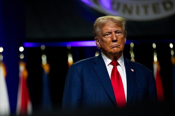 Republican presidential nominee, former U.S. President Donald Trump during the National Guard Association of the United States' 146th General Conference & Exhibition at Huntington Place Convention Center on August 26, 2024 in Detroit, Michigan.
