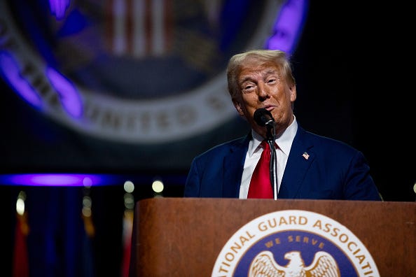 Republican presidential nominee, former U.S. President Donald Trump speaks during the National Guard Association of the United States' 146th General Conference & Exhibition at Huntington Place Convention Center on August 26, 2024 in Detroit, Michigan. 