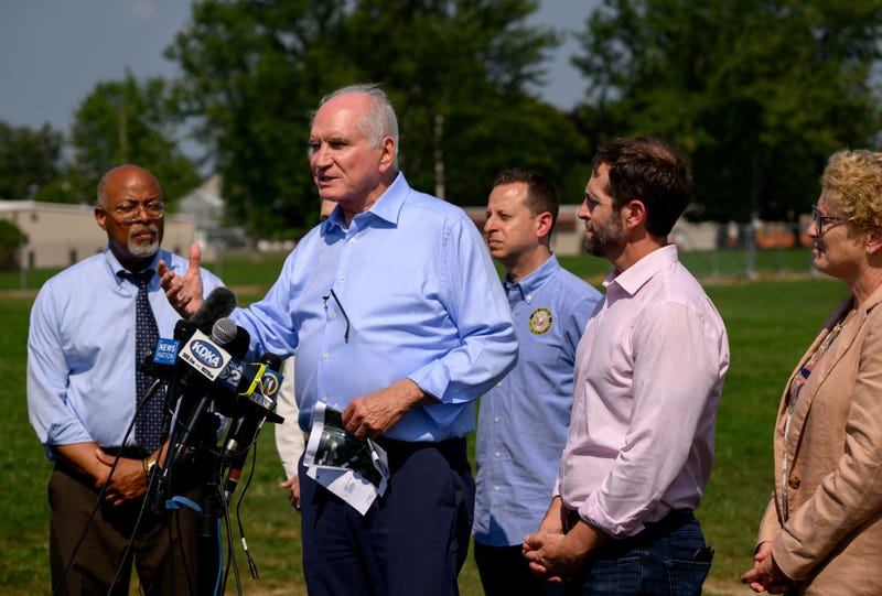U.S. Rep. Mike Kelly (R-PA) speaks to the press with other members of the Task Force on the Attempted Assassination of Donald J. Trump, following a tour of the shooting site at the Butler Farm Show Grounds on August 26, 2024 in Butler, Pennsylvania.