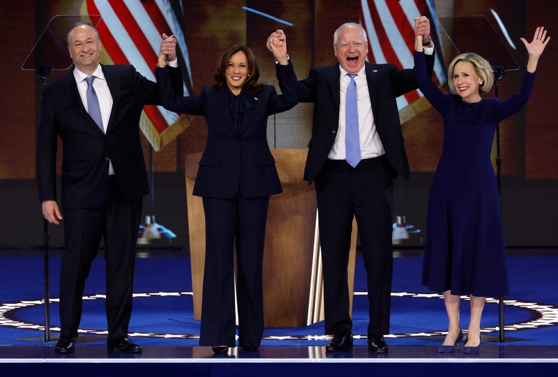 From left: Second gentleman Doug Emhoff, Democratic presidential nominee, Vice President Kamala Harris, Democratic vice presidential nominee Minnesota Gov. Tim Walz and Minnesota first lady Gwen Walz