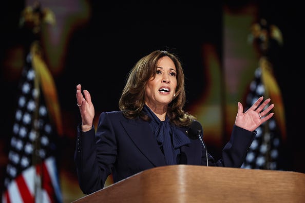 Democratic presidential candidate U.S. Vice President Kamala Harris speaks on stage during the final day of the Democratic National Convention at the United Center on August 22, 2024 in Chicago, Illinois.