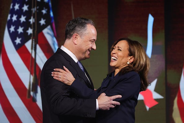 Second Gentleman Doug Emhoff and Democratic presidential nominee, U.S. Vice President Kamala Harris celebrate after she accepted the Democratic presidential nomination during the final day of the Democratic National Convention at the United Center on August 22, 2024 in Chicago, Illinois. 