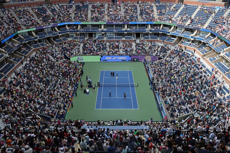 A general view as Dude Perfect performs during Arthur Ashe Kid's Day ahead of the US Open at USTA Billie Jean King National Tennis Center on August 24, 2024