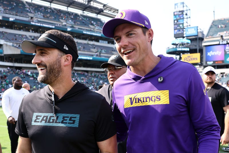 Head coaches Nick Sirianni of the Philadelphia Eagles and Kevin O'Connell of the Minnesota Vikings react following a game at Lincoln Financial Field on August 24, 2024 in Philadelphia, Pennsylvania.